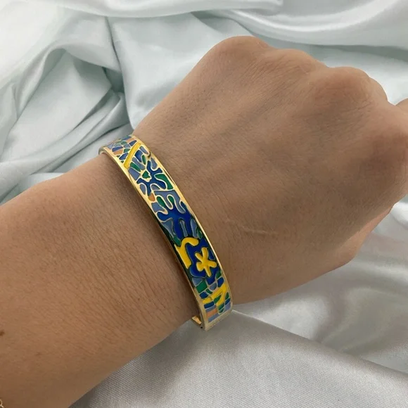 Multicolour Gold modern art blue and yellow Stainless steel cuff bracelet - Picture 5 of 10